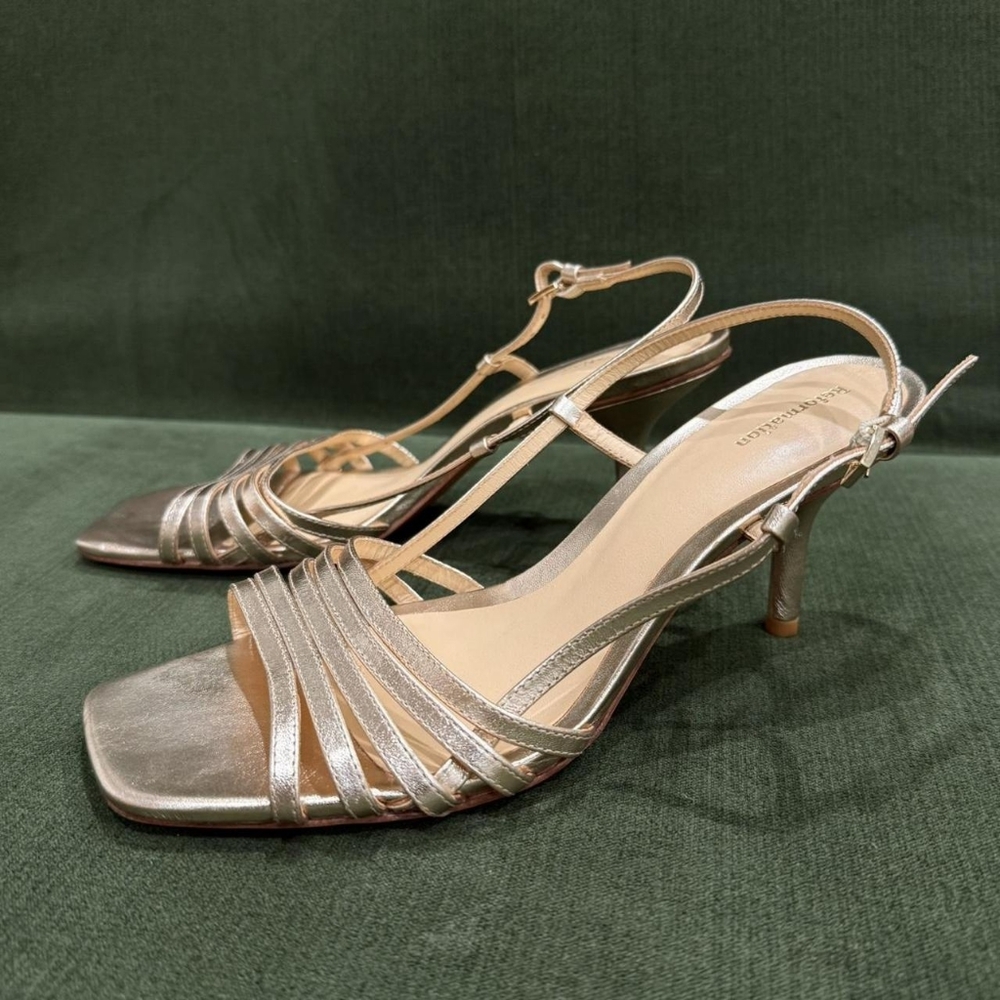 Reformation Gold and Silver Metallic Leather Square Toe Slingback Heels